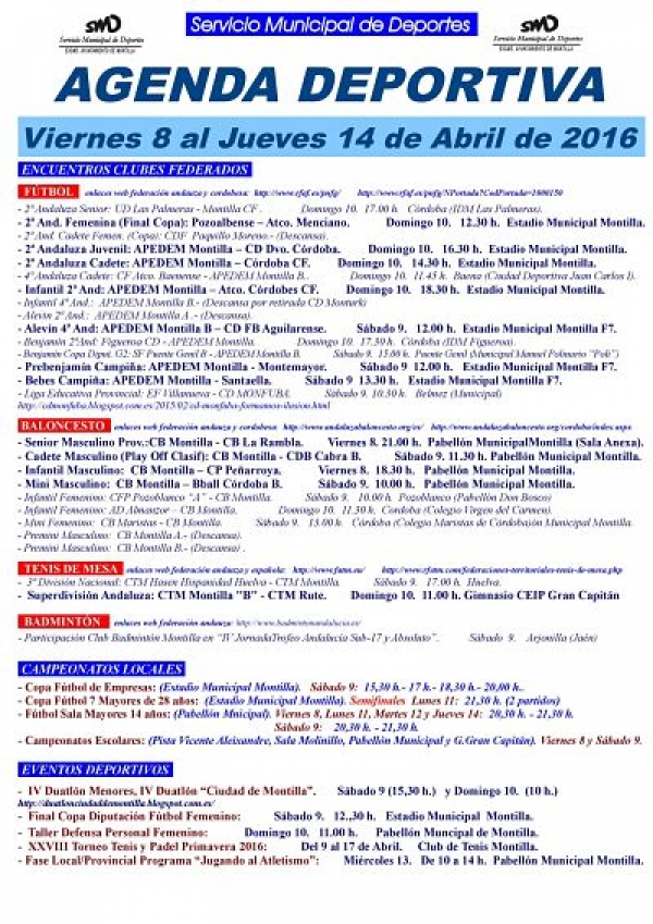 Agenda Deportiva del 8 al 14 de Abril 2016