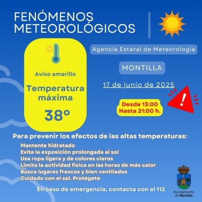 AVISO AMARILLO por altas temperaturas en Montilla